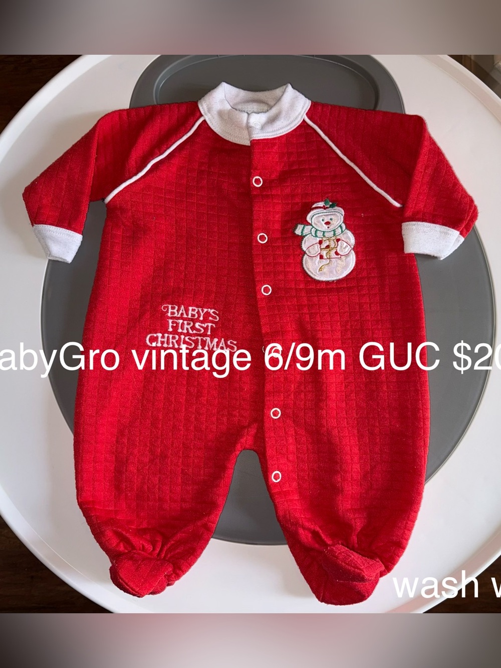 Baby's First Christmas Vintage Red Footed Romper with Snowman